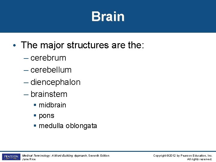 Brain • The major structures are the: – cerebrum – cerebellum – diencephalon – Brain • The major structures are the: – cerebrum – cerebellum – diencephalon –