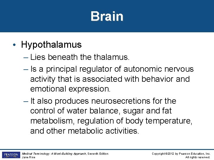 Brain • Hypothalamus – Lies beneath the thalamus. – Is a principal regulator of