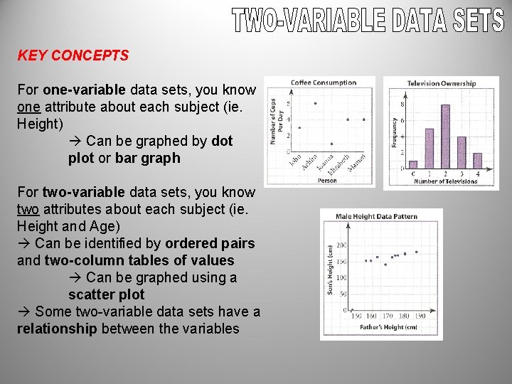 KEY CONCEPTS For one-variable data sets, you know one attribute about each subject (ie.