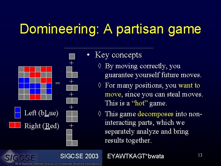 Domineering: A partisan game + = + + Left (b. Lue) Right (Red) +