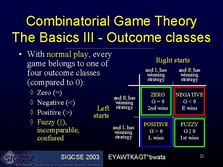 Combinatorial Game Theory The Basics III - Outcome classes • With normal play, every