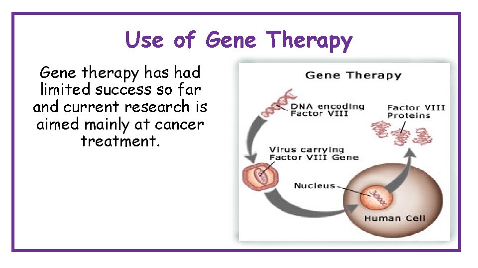 Use of Gene Therapy Gene therapy has had limited success so far and current Use of Gene Therapy Gene therapy has had limited success so far and current