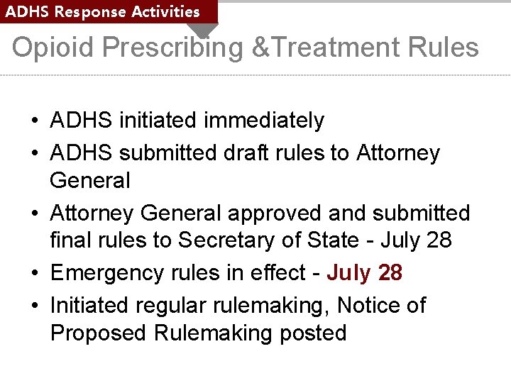 ADHS Response Activities Opioid Prescribing &Treatment Rules • ADHS initiated immediately • ADHS submitted