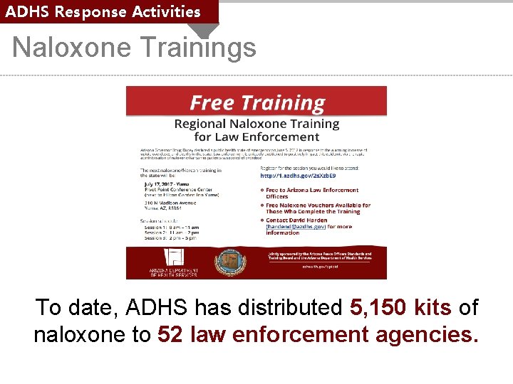 ADHS Response Activities Naloxone Trainings To date, ADHS has distributed 5, 150 kits of