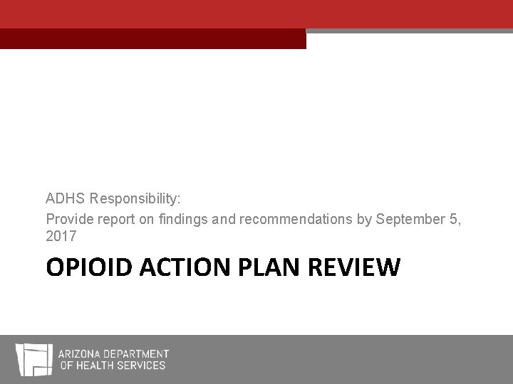 ADHS Responsibility: Provide report on findings and recommendations by September 5, 2017 OPIOID ACTION