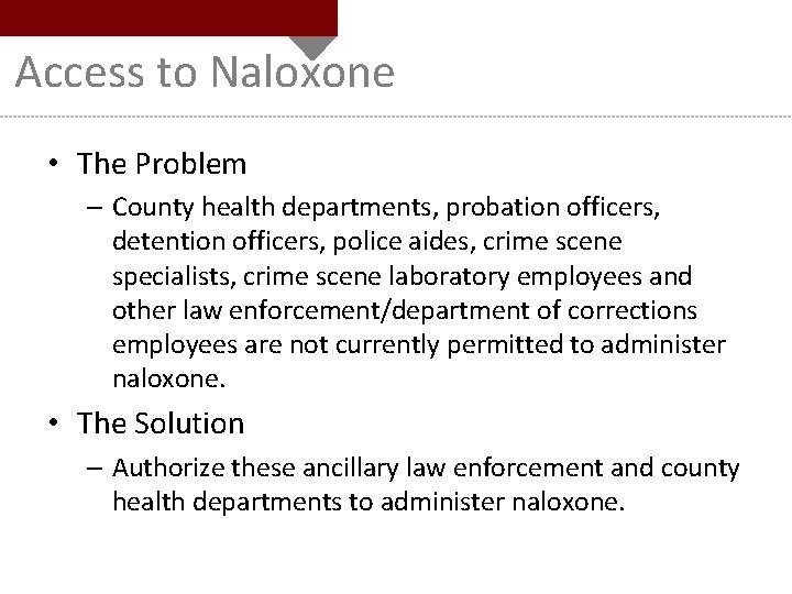 Access to Naloxone • The Problem – County health departments, probation officers, detention officers,