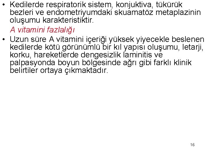  • Kedilerde respiratorik sistem, konjuktiva, tükürük bezleri ve endometriyumdaki skuamatöz metaplazinin oluşumu karakteristiktir.