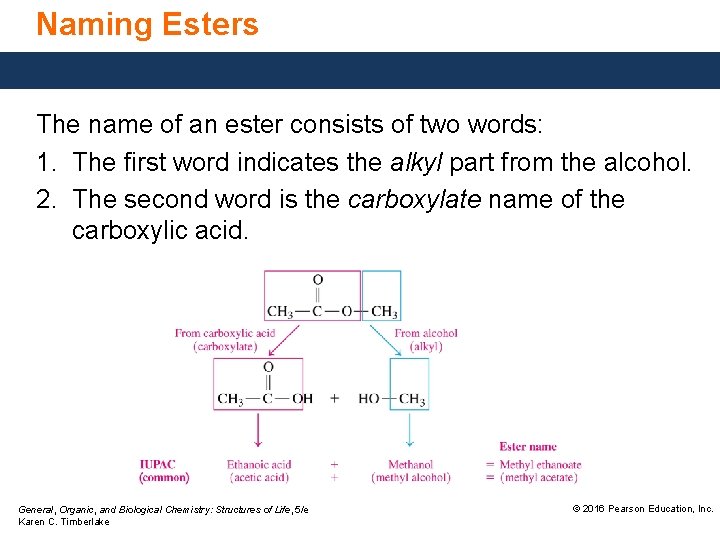 Naming Esters The name of an ester consists of two words: 1. The first