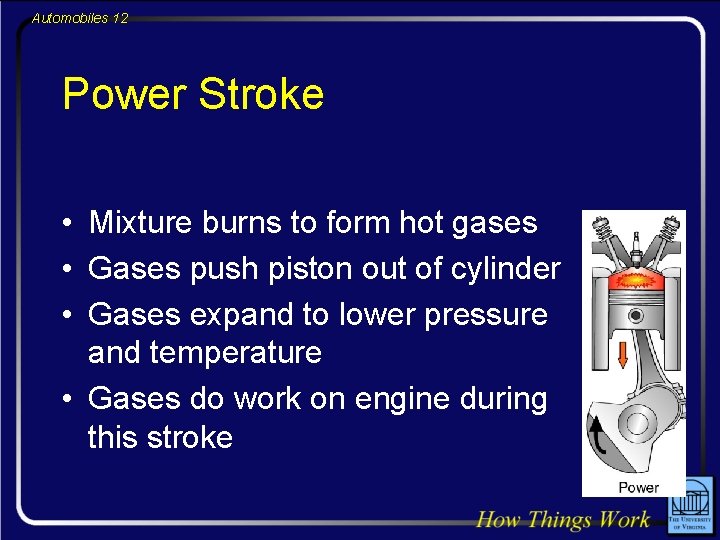 Automobiles 12 Power Stroke • Mixture burns to form hot gases • Gases push