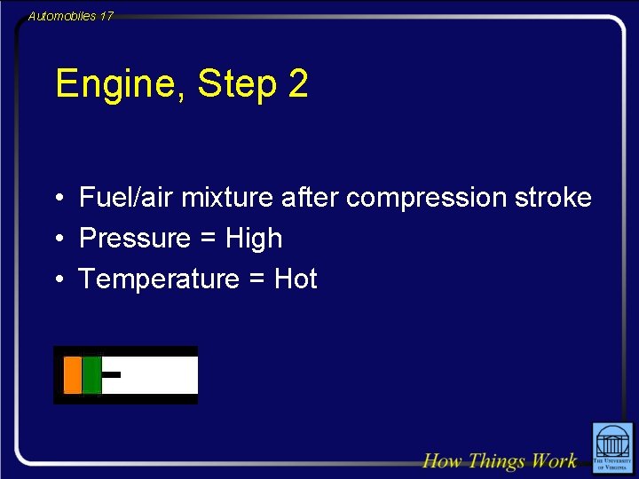 Automobiles 17 Engine, Step 2 • Fuel/air mixture after compression stroke • Pressure =