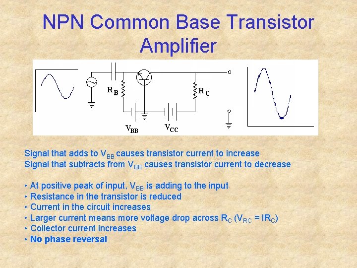 NPN Common Base Transistor Amplifier Signal that adds to VBB causes transistor current to