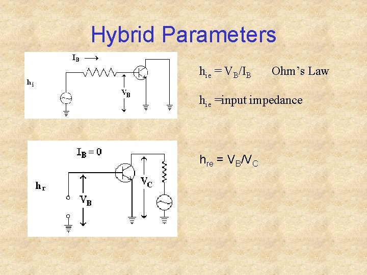 Hybrid Parameters hie = VB/IB Ohm’s Law hie =input impedance hre = VB/VC 
