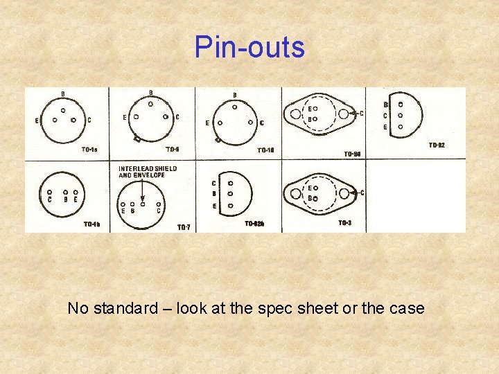 Pin-outs No standard – look at the spec sheet or the case 