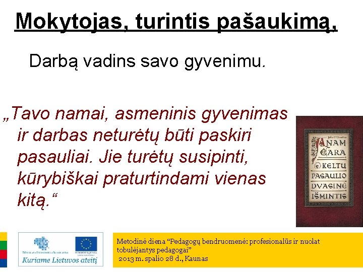 Mokytojas, turintis pašaukimą, Darbą vadins savo gyvenimu. „Tavo namai, asmeninis gyvenimas ir darbas neturėtų