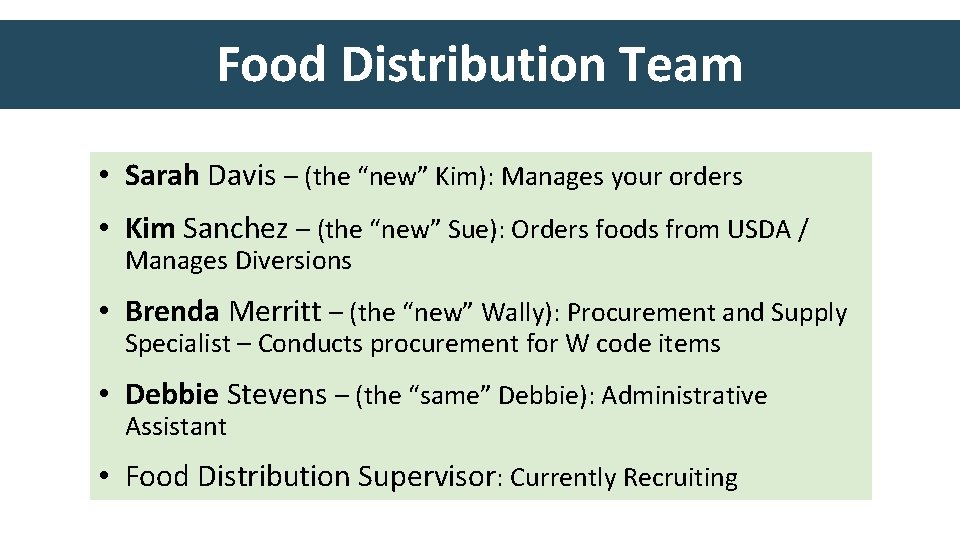 Food Distribution Team • Sarah Davis – (the “new” Kim): Manages your orders •