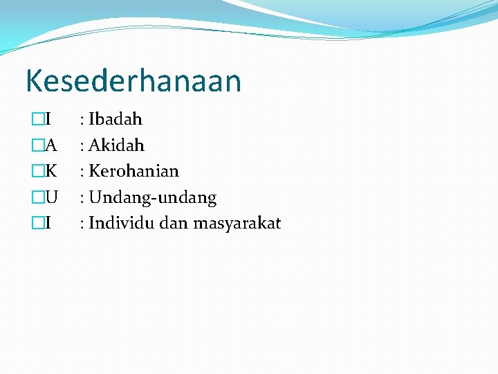 Kesederhanaan �I �A �K �U �I : Ibadah : Akidah : Kerohanian : Undang-undang