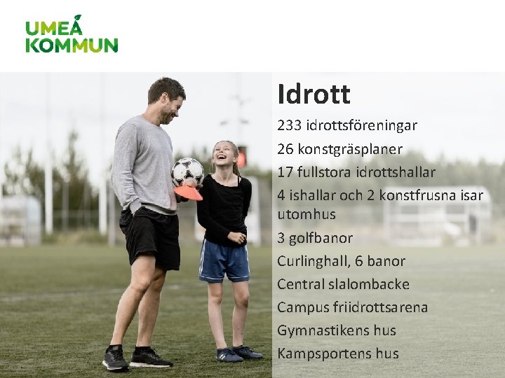 Idrott 233 idrottsföreningar 26 konstgräsplaner 17 fullstora idrottshallar 4 ishallar och 2 konstfrusna isar Idrott 233 idrottsföreningar 26 konstgräsplaner 17 fullstora idrottshallar 4 ishallar och 2 konstfrusna isar
