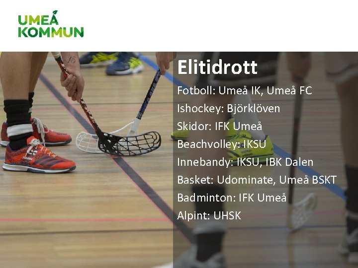Elitidrott Fotboll: Umeå IK, Umeå FC Ishockey: Björklöven Skidor: IFK Umeå Beachvolley: IKSU Innebandy: Elitidrott Fotboll: Umeå IK, Umeå FC Ishockey: Björklöven Skidor: IFK Umeå Beachvolley: IKSU Innebandy: