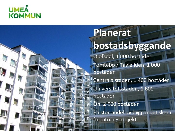 Planerat bostadsbyggande Olofsdal, 1 000 bostäder Tomtebo / Tavleliden, 1 000 bostäder Centrala staden, Planerat bostadsbyggande Olofsdal, 1 000 bostäder Tomtebo / Tavleliden, 1 000 bostäder Centrala staden,
