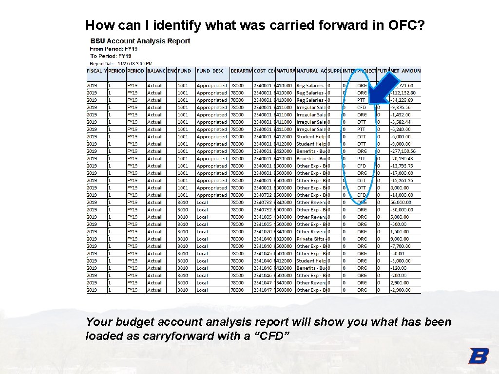 How can I identify what was carried forward in OFC? Your budget account analysis