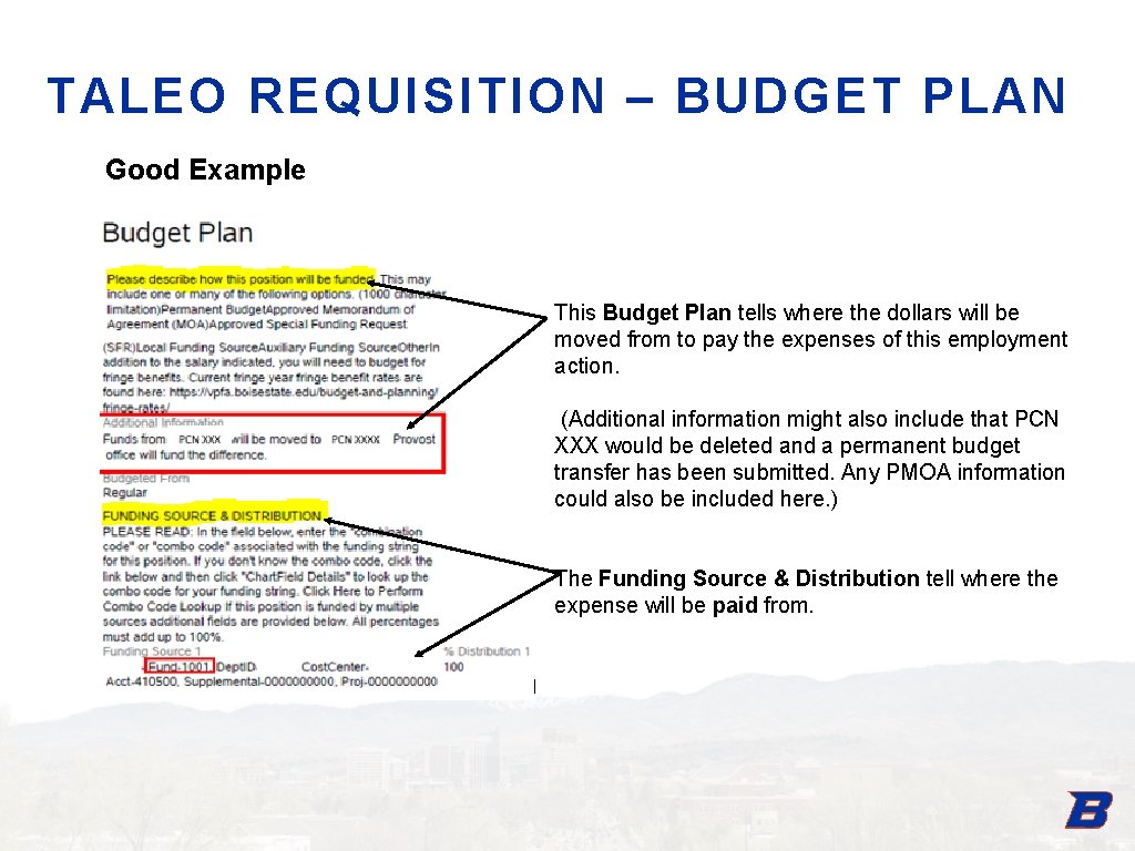 TALEO REQUISITION – BUDGET PLAN Good Example This Budget Plan tells where the dollars