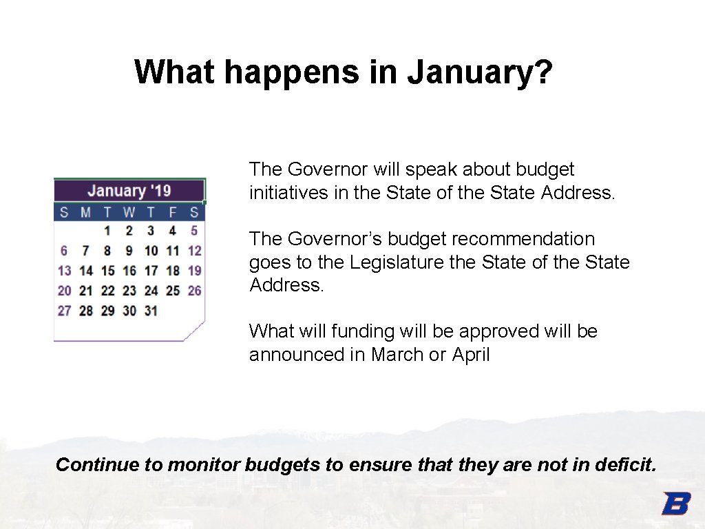 What happens in January? The Governor will speak about budget initiatives in the State