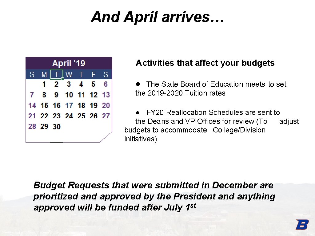 And April arrives… Activities that affect your budgets ● The State Board of Education