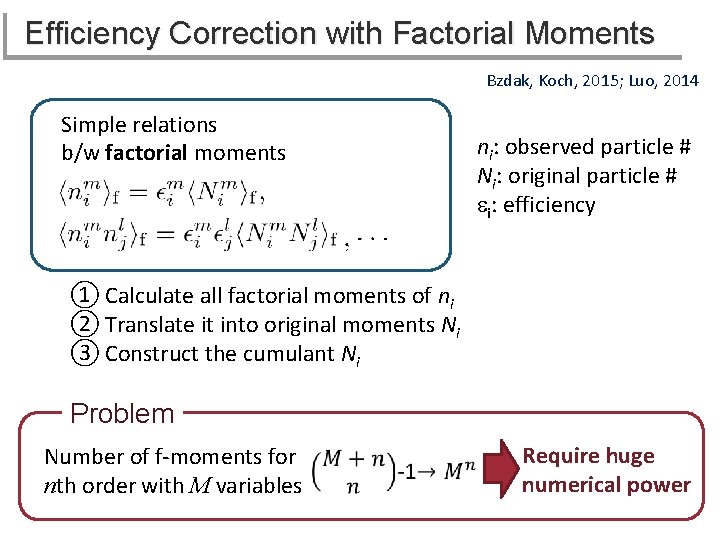 Efficiency Correction with Factorial Moments Bzdak, Koch, 2015; Luo, 2014 Simple relations b/w factorial
