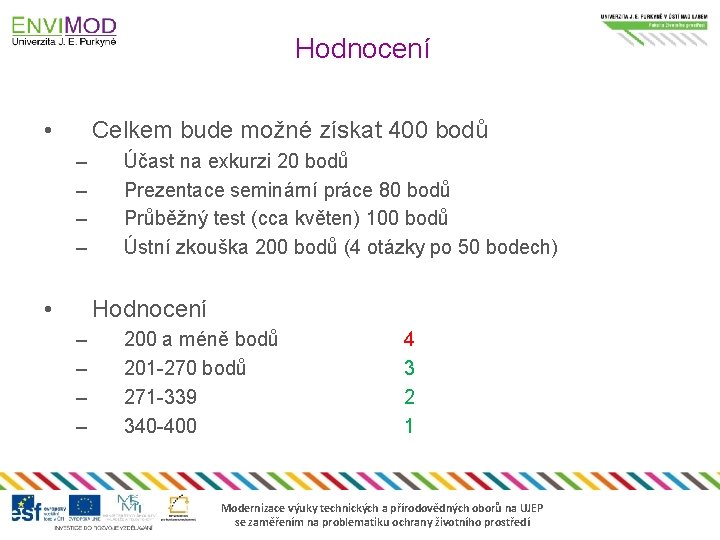 Hodnocení • Celkem bude možné získat 400 bodů – – • Účast na exkurzi