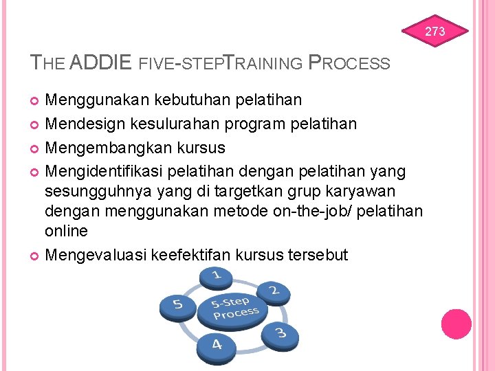 273 THE ADDIE FIVE-STEPTRAINING PROCESS Menggunakan kebutuhan pelatihan Mendesign kesulurahan program pelatihan Mengembangkan kursus