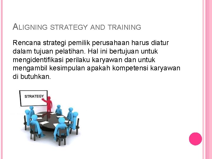 ALIGNING STRATEGY AND TRAINING Rencana strategi pemilik perusahaan harus diatur dalam tujuan pelatihan. Hal