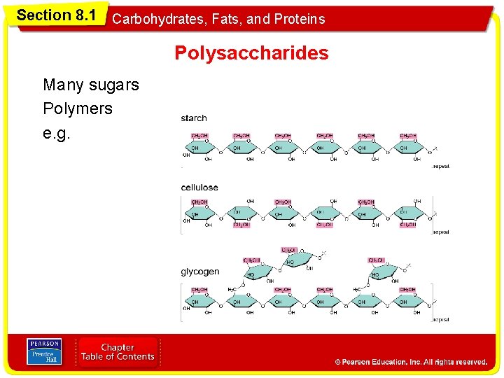 Section 8. 1 Carbohydrates, Fats, and Proteins Polysaccharides Many sugars Polymers e. g. 