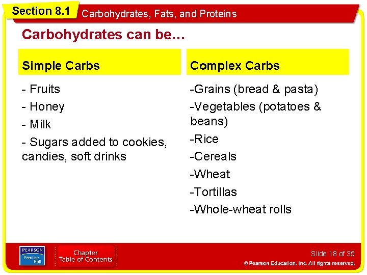 Section 8. 1 Carbohydrates, Fats, and Proteins Carbohydrates can be… Simple Carbs Complex Carbs