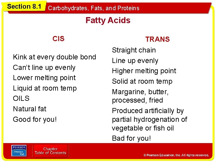 Section 8. 1 Carbohydrates, Fats, and Proteins Fatty Acids CIS Kink at every double