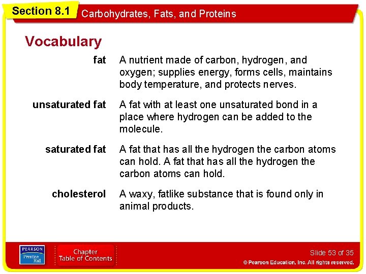 Section 8. 1 Carbohydrates, Fats, and Proteins Vocabulary fat unsaturated fat cholesterol A nutrient