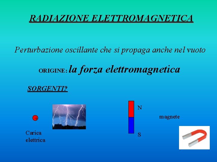 RADIAZIONE ELETTROMAGNETICA Perturbazione oscillante che si propaga anche nel vuoto ORIGINE: la forza elettromagnetica