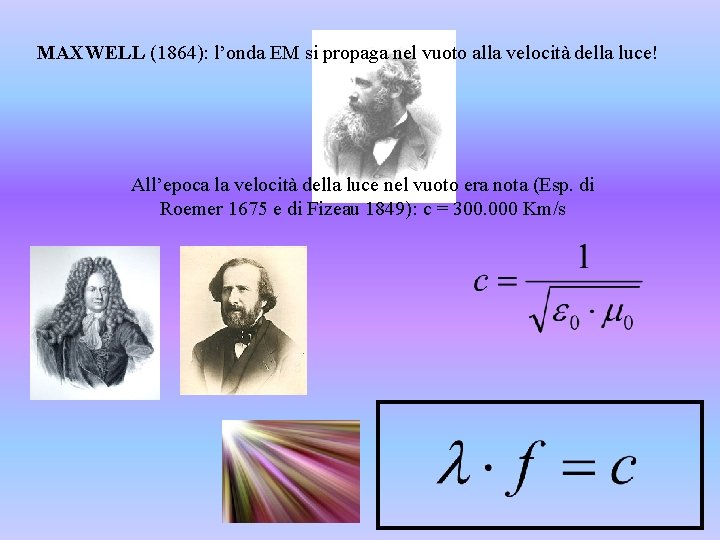 MAXWELL (1864): l’onda EM si propaga nel vuoto alla velocità della luce! All’epoca la