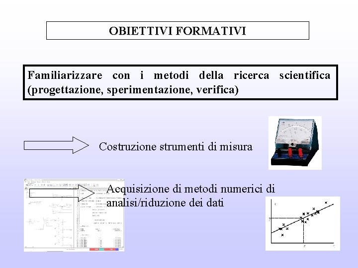 OBIETTIVI FORMATIVI Familiarizzare con i metodi della ricerca scientifica (progettazione, sperimentazione, verifica) Costruzione strumenti