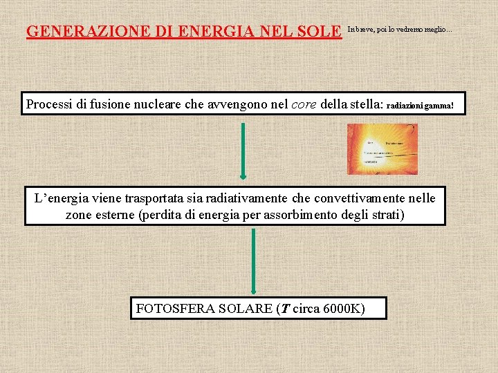 GENERAZIONE DI ENERGIA NEL SOLE In breve, poi lo vedremo meglio… Processi di fusione