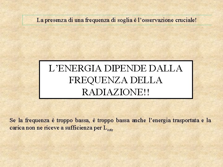 La presenza di una frequenza di soglia è l’osservazione cruciale! L’ENERGIA DIPENDE DALLA FREQUENZA