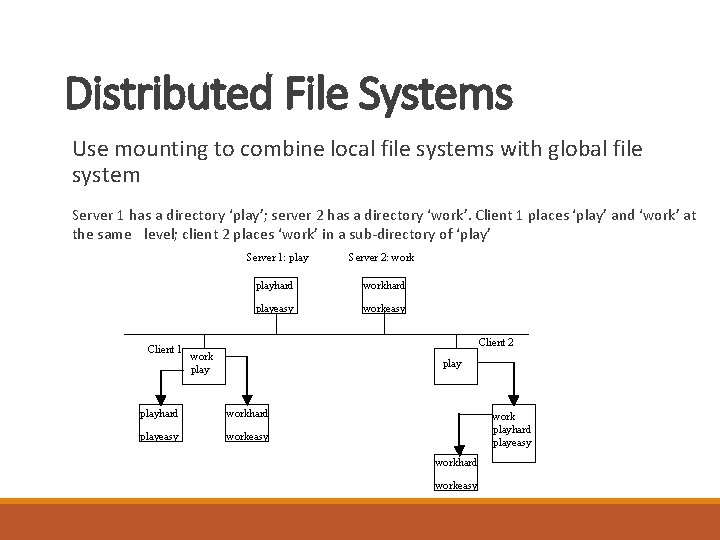 Distributed File Systems Use mounting to combine local file systems with global file system Distributed File Systems Use mounting to combine local file systems with global file system