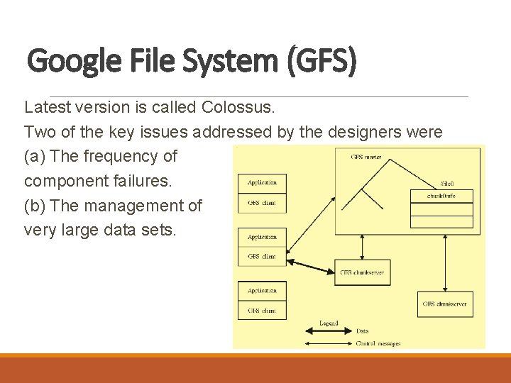 Google File System (GFS) Latest version is called Colossus. Two of the key issues Google File System (GFS) Latest version is called Colossus. Two of the key issues