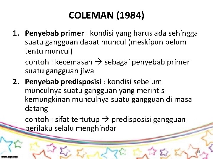 COLEMAN (1984) 1. Penyebab primer : kondisi yang harus ada sehingga suatu gangguan dapat