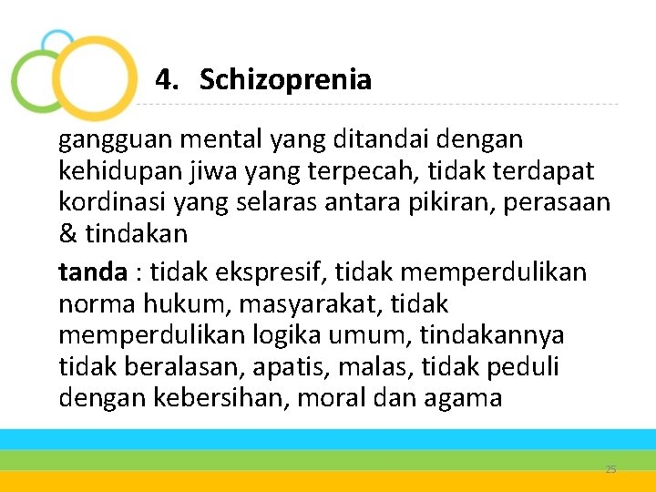 4. Schizoprenia gangguan mental yang ditandai dengan kehidupan jiwa yang terpecah, tidak terdapat kordinasi