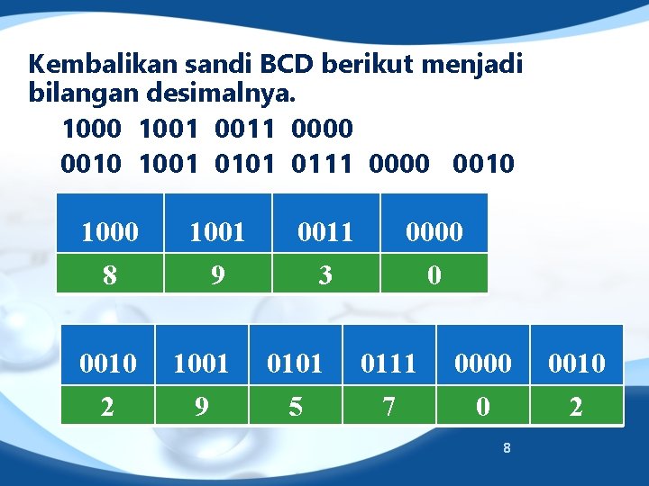 Kembalikan sandi BCD berikut menjadi bilangan desimalnya. 1000 1001 0011 0000 0010 1001 0111