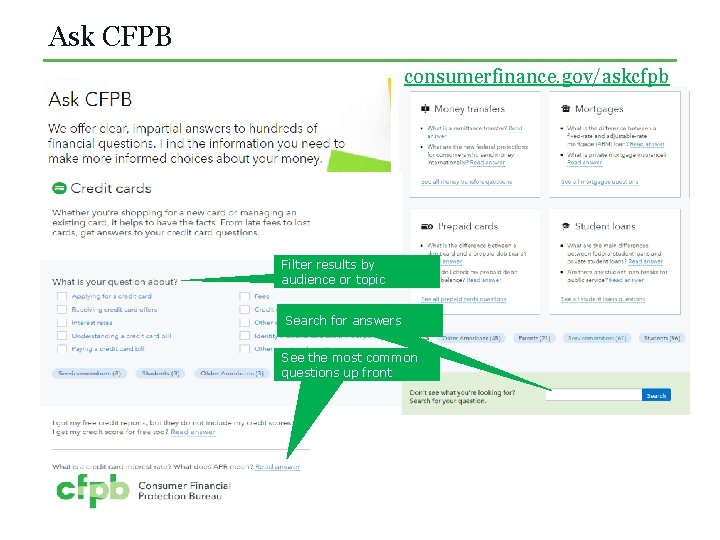 Ask CFPB consumerfinance. gov/askcfpb Filter results by audience or topic Search for answers See