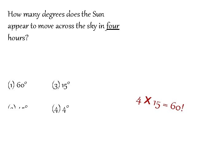 How many degrees does the Sun appear to move across the sky in four