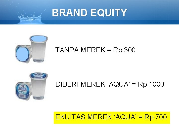 BRAND EQUITY TANPA MEREK = Rp 300 DIBERI MEREK ‘AQUA’ = Rp 1000 EKUITAS
