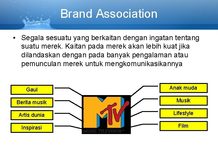 Brand Association • Segala sesuatu yang berkaitan dengan ingatan tentang suatu merek. Kaitan pada