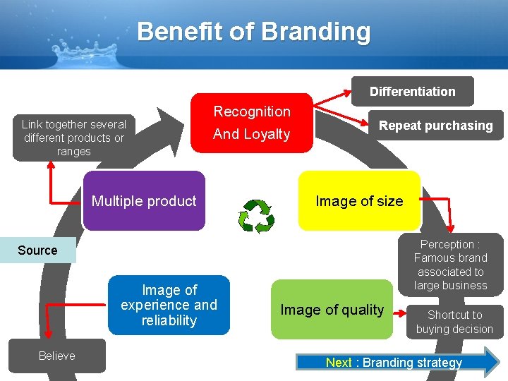 Benefit of Branding Differentiation Link together several different products or ranges Recognition And Loyalty